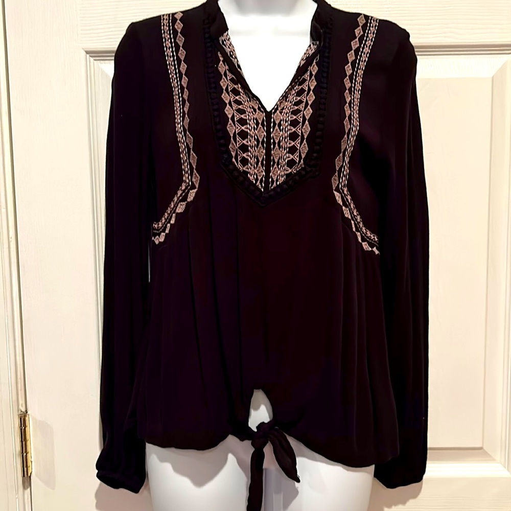 Knox Rose Women's Black Embroidered Long Sleeve Boho Top Shirt Size XS